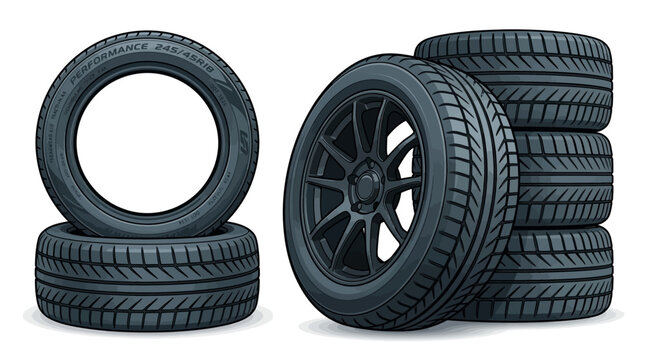 A stack of black tires on a white background for automotive purposes