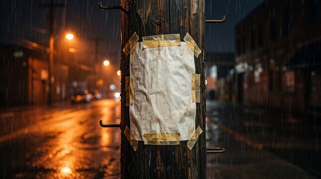 Blank Missing Person Poster Taped to Wooden Pole on Rainy Night Street