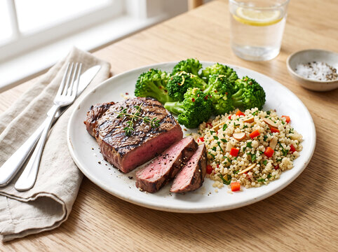 Grilled lean sirloin steak with quinoa and steamed broccoli. Healthy high-protein dinner meal on white plate for fitness and weight loss.