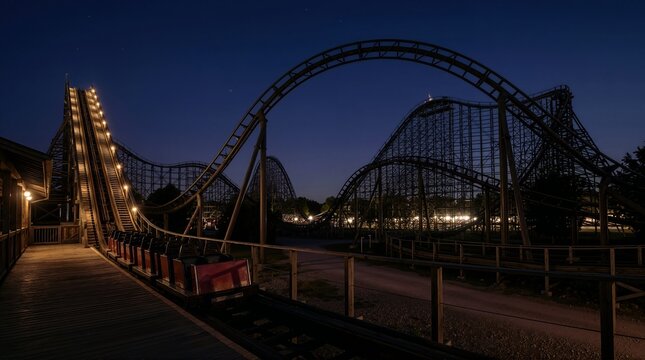 Empty wooden roller coaster track at night. Illuminated amusement park ride with stationary red carts. Dark blue evening sky background