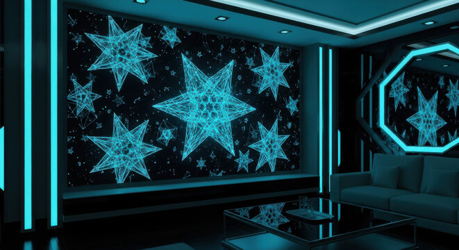 Futuristic Neon Star Digital Art Showroom With Modern Furniture