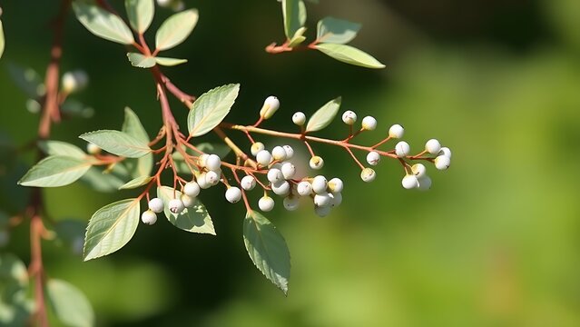 Close-up of silverberry branches with silvery leaves and pearl-like berries.