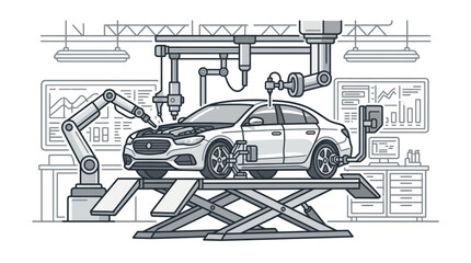 Obraz premium Industrial of Automated Car Repair with Robotic Arms and Lift in Monochrome with high quality professional line art symbols for modern creative design and digital branding projects