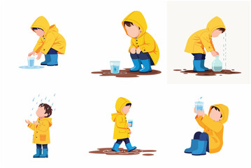 Obraz premium Set of flat vector illustrations of a child in a yellow raincoat and blue boots playing with water and raindrops