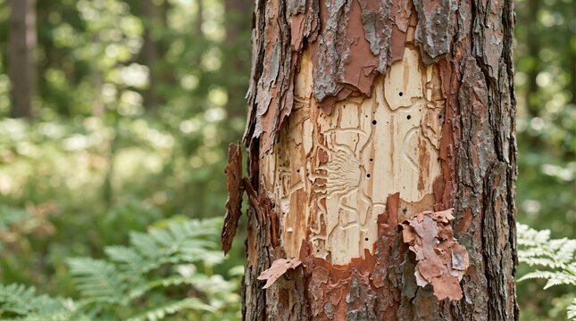Tree bark peeling from beetle damage in a forest. Close up of pine trunk with insect tunnels and galleries. Forestry pest infestation concept