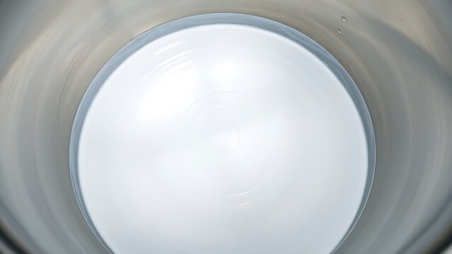 White slurry rotating inside a polished industrial mixing tank, creating smooth ripples on the surface.