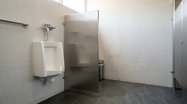 Wall mounted ceramic urinal with privacy divider screen. Modern public restroom interior with grey tiles. Clean commercial washroom facility