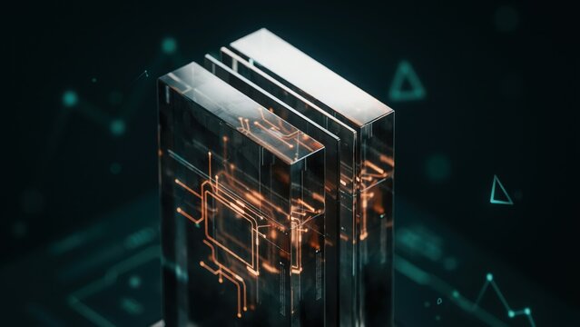 Abstract 3d server tower with glowing circuit board lines and data processing nodes