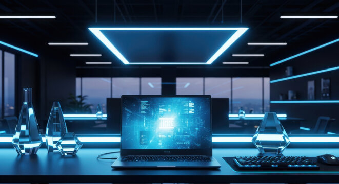 Futuristic Office Workspace With Neon Lights And Advanced Technology