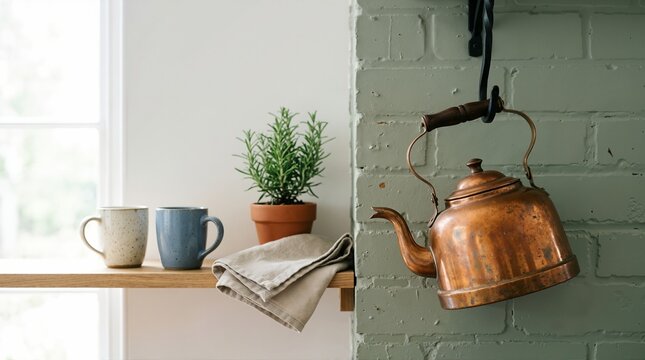 Vintage copper kettle hanging on a green brick wall. Rustic kitchen shelf with ceramic mugs, rosemary plant, and linen cloth. Still life home interior decor