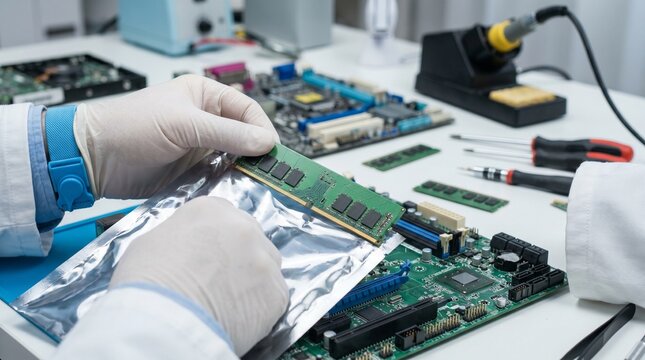 Technician Repairing Electronic Circuit Board in Modern Workshop