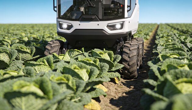 Autonomous agricultural robot driving through rows of green cabbage in a sunny field, smart farming technology and robotic automation for sustainable food production.