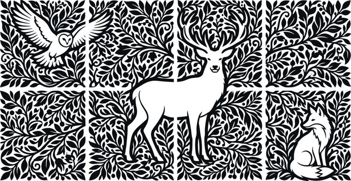 Linocut Woodland Animals Tiled Block Print Vector Design with Deer Stag Flying Owl and Sitting Fox Hidden in Ornate Folk Art Leaf Foliage Pattern