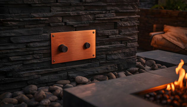 Outdoor Fire Pit with Copper Control Panel on Stone Wall at Night
