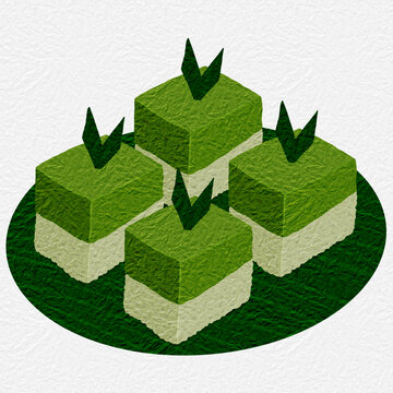 Indonesian traditional cake kue talam ketan or seri muka with pandan leaf toppings, white textured background