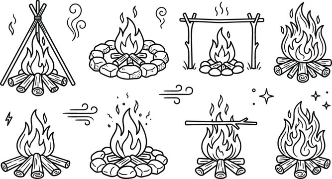 Campfire bonfire fire flame wood icon set vector illustration line art doodle with stone wind star tripod smoke