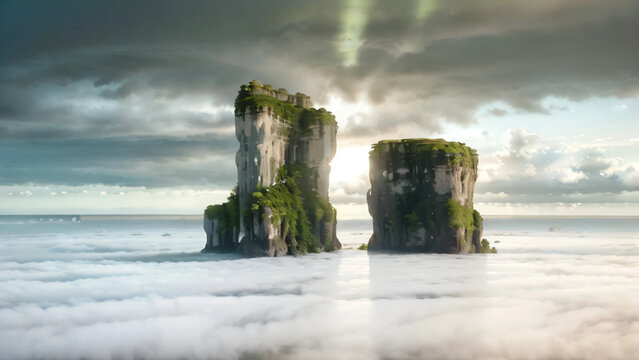 Majestic twin tepui rock formations piercing through a thick sea of clouds at sunset, aerial view