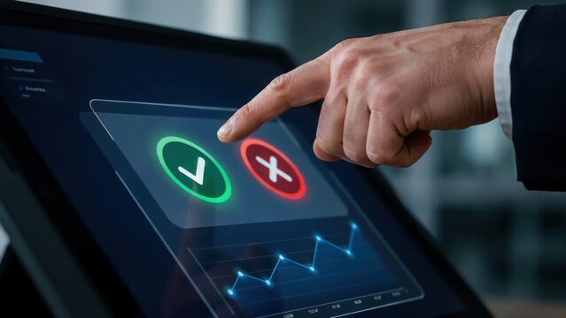 Business person touching screen to select a green check mark and red cross icon