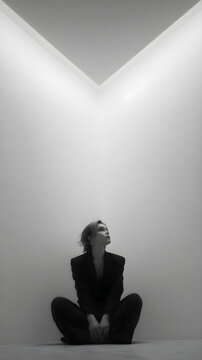Woman sits in corner lost with woman sitting cross legged floor looking up corner white room dressed black looking expressionless contemplative