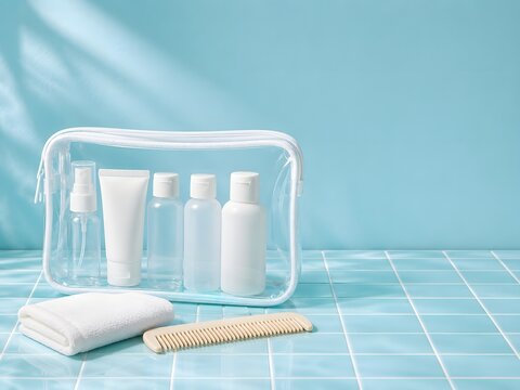 Transparent travel toiletry pouch with blank mini bottles