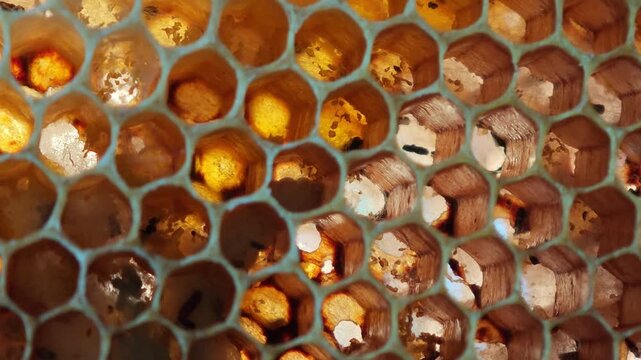 The pattern of a part of a beehive filled with beeswax.