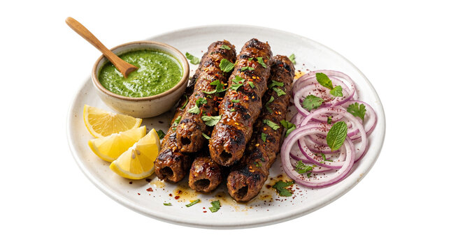 Grilled seekh kebab platter with green chutney, traditional indian minced meat skewers, roasted lamb kofta with red onions and lemon isolated on White Background