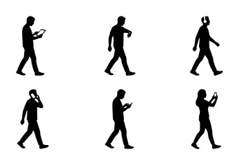 Obraz premium Silhouette People Walking with Devices, Mobile Phone, Tablet, Headphones, Digital Technology Icons, Modern Lifestyle Collection
