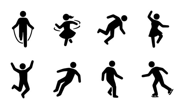 Action Figure Icons Set: Jumping, Dancing, Falling, Skating, Celebrating, Sports, Movement, Human Silhouette Vector Graphics