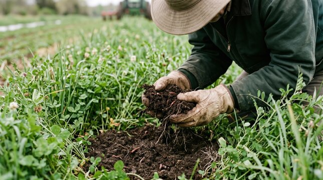Close up of farmer hands holding rich organic soil in green field, sustainable agriculture concept, checking earthworms and compost quality for regenerative farming practices an...