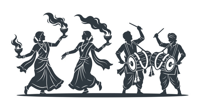 Silhouettes of traditional Indian dancers and drummers performing a cultural celebration.