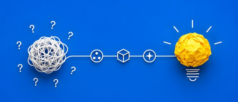 Creative problem solving concept with tangled wire transforming into a yellow paper lightbulb on blue background representing innovation and clarity