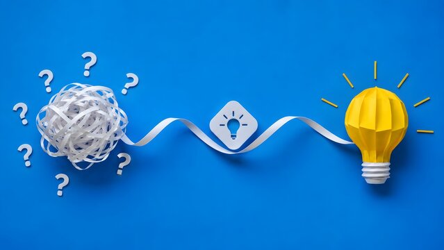 Origami paper lightbulb connecting to a tangled mess of strips demonstrating the business process of finding simple solutions to complex problems