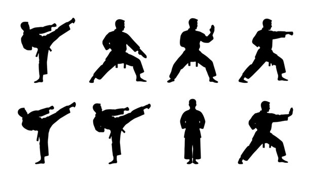 Martial Arts Silhouette Set, Karate Combat Poses Vector Collection, Dynamic Fighting Stance Icons, Martial Artist Action Figures
