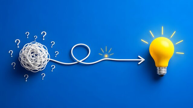 Finding the right path from confusion to a bright idea shown by a tangled wire transforming into an arrow pointing to a glowing yellow lightbulb