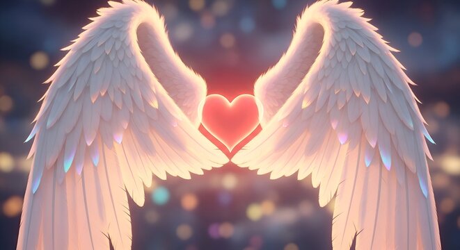 Glowing angel wings embrace a radiant heart with soft bokeh lights