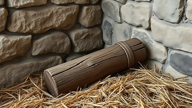 A rough wooden pillory in hay against a stone castle wall.