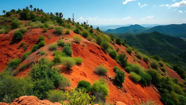 Hillside landscape contrasting rust-red bauxite soil with lush green vegetation, wide view.