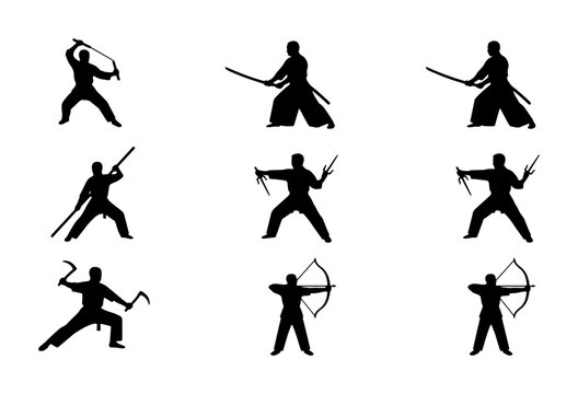 Martial Arts Silhouettes: Ninja Warrior Poses with Swords, Bows, and Sai Weapons, Dynamic Action Figures, Japanese Combatant Set