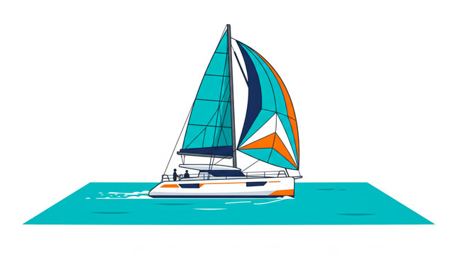 Modern hybrid sailboat catamaran cruising on turquoise sea vector illustration