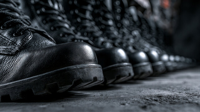 Close up of polished black military boots aligned on concrete, cinematic cool lighting, mirror-like leather, shallow depth of field, open negative space for defense and tactical advertising
