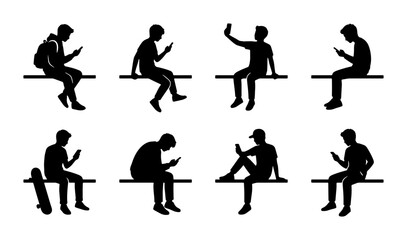 Silhouette Figures Using Smartphones, Sitting Poses Vector Set, Modern Communication Icons, Digital Lifestyle Collection © Sirajul