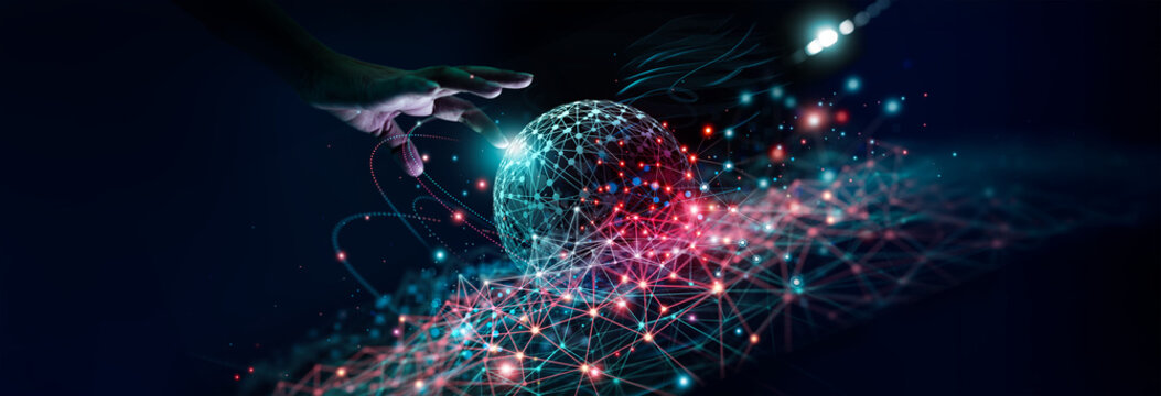 Abstract, Big data network and AI technology, Algorithm and deep learning, Innovation,Data science, Businessman touch a data flow on global network and Fast connection. The world is at your fingertips