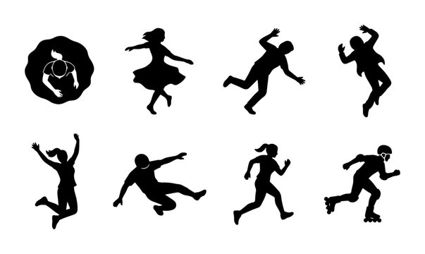 Dynamic Silhouette Figures, Action Poses Set: Dancing, Jumping, Falling, Running, Rollerblading, Top View Person Icon, Vector Graphics Collection