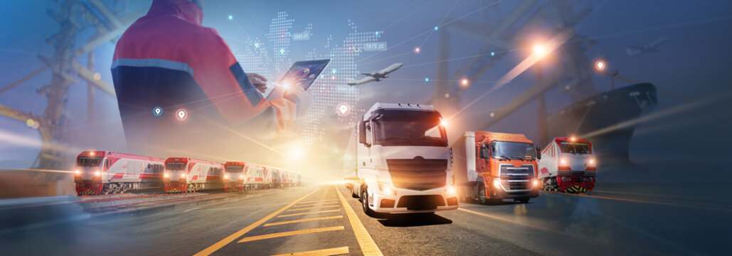 Logistics Manager using tablet on logistic global network distribution and smart transportation and networking intelligent logistics of truck and train container cargo ship, Import export industry