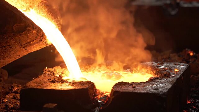 Molten Metal Pouring into Mold in Industrial Foundry