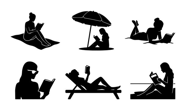 Beach Reading Silhouettes, Summer Leisure Activities, Relaxing People Enjoying Books Outdoors, Vector Set