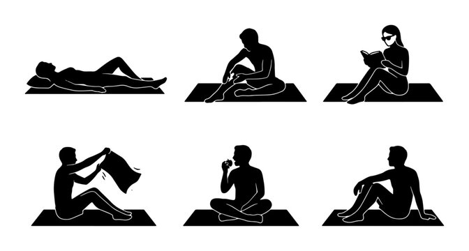 Silhouettes of People Relaxing on Beach Towels, Summer Leisure Activities, Vector Icons Set