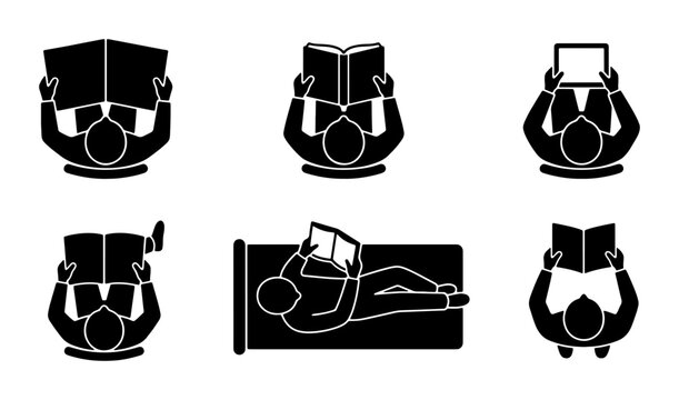 Reading Icons Set: Diverse People Enjoying Books and Tablets, Top View Silhouettes for Education, Leisure, and Information