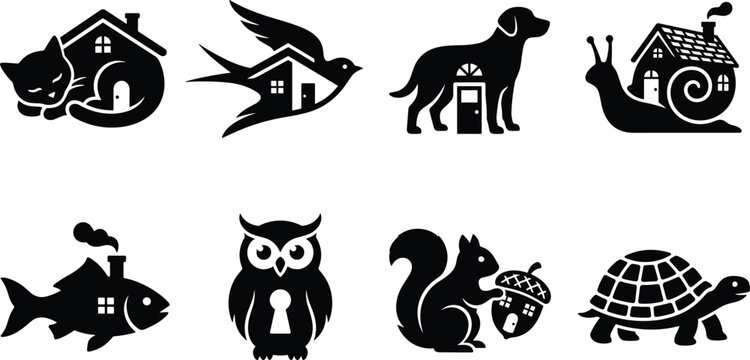 Real Estate and Pet Care Logo Icon Set Featuring Black Silhouette Vectors of Cat Bird Dog Snail Fish Owl Squirrel and Turtle Combined with House Symbols