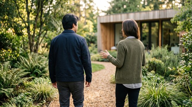 Rear view of couple walking towards modern wooden house in lush garden, real estate agents showing property to clients or homeowners admiring architecture, luxury residential ex...